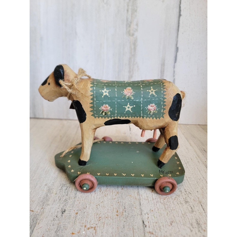 Vintage Primitive art cow pull along toy figure M Kurtz wooden unique home decor
